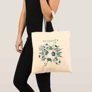 teal white soccer balls stars girls name tote bag