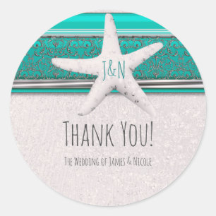 Teal & White Sparkle Starfish Beach Wedding Favour Classic Round Sticker