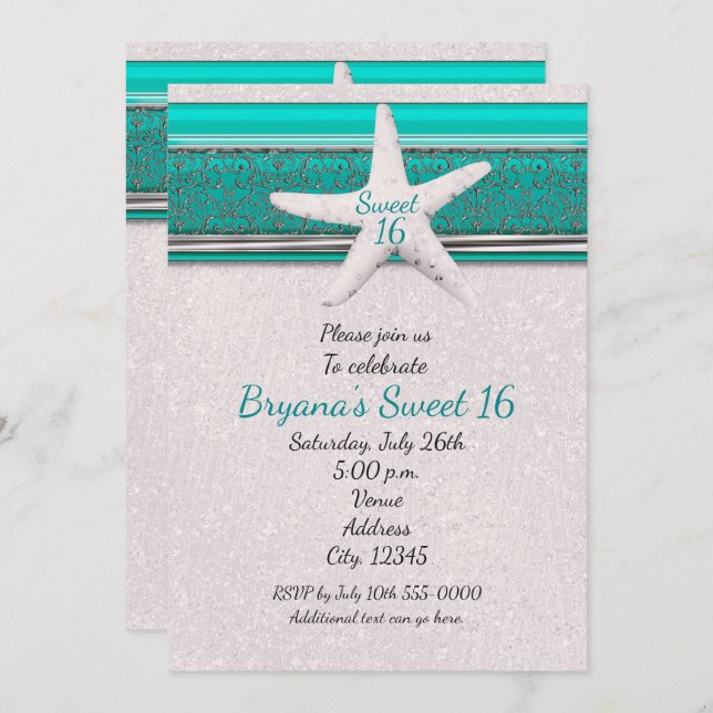 Teal & White Starfish Beach Sweet 16 Invitations (Front/Back)