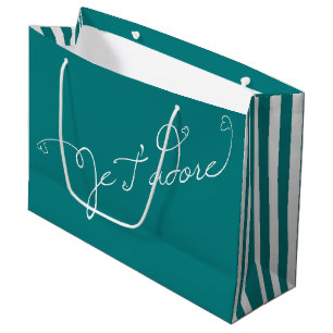 teal white stripes Je T adore French I Adore You Large Gift Bag