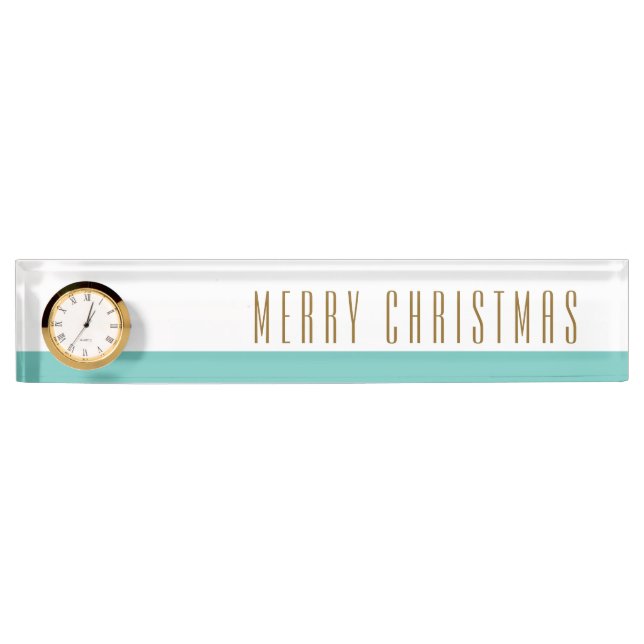 Teal White Stripes MERRY CHRISTMAS Text Clock Nameplate (Front)