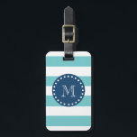 Teal White Stripes Pattern, Navy Blue Monogram Luggage Tag<br><div class="desc">A simple, modern, teal blue and white stripes pattern with your initial in a modern font, on a preppy, nautical, navy blue circle label, banner, frame with a dotted white line border. GraphicsByMimi© Trendy, stylish, mod, bold lines pattern you can personalise with your monogram for her. Use the template field...</div>