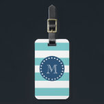 Teal White Stripes Pattern, Navy Blue Monogram Luggage Tag<br><div class="desc">A simple, modern, teal blue and white stripes pattern with your initial in a modern font, on a preppy, nautical, navy blue circle label, banner, frame with a dotted white line border. GraphicsByMimi© Trendy, stylish, mod, bold lines pattern you can personalise with your monogram for her. Use the template field...</div>