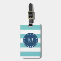Teal White Stripes Pattern, Navy Blue Monogram