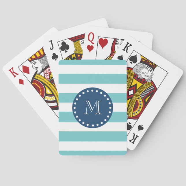 Teal White Stripes Pattern, Navy Blue Monogram Playing Cards (Back)