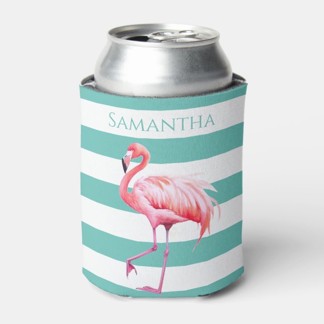 Teal White Stripes Pink Flamingo Personalised Name Can Cooler (Can Front)