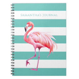 Teal White Stripes Pink Flamingo Personalised Name Notebook