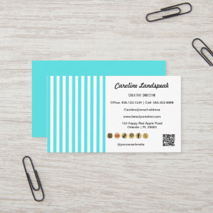 Teal White Stripes & QR Code & Social Media Icons Business Card