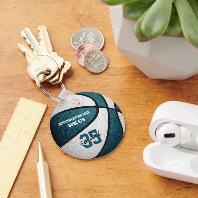 teal white team colours basketball sports gifts key ring (Desk)