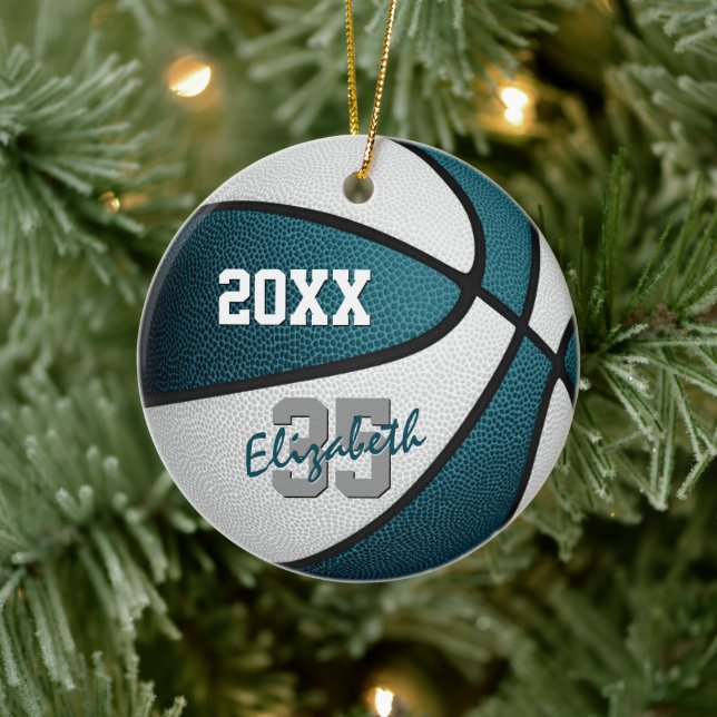 teal white team colours girls boys basketball ceramic ornament (Tree)