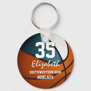 Teal white team colours girls boys basketball key ring