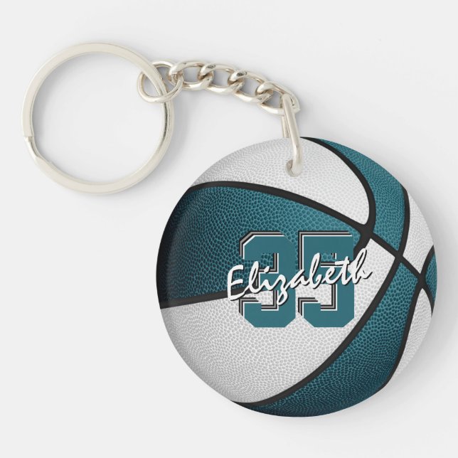 teal white team colours girls boys basketball key ring (Front)