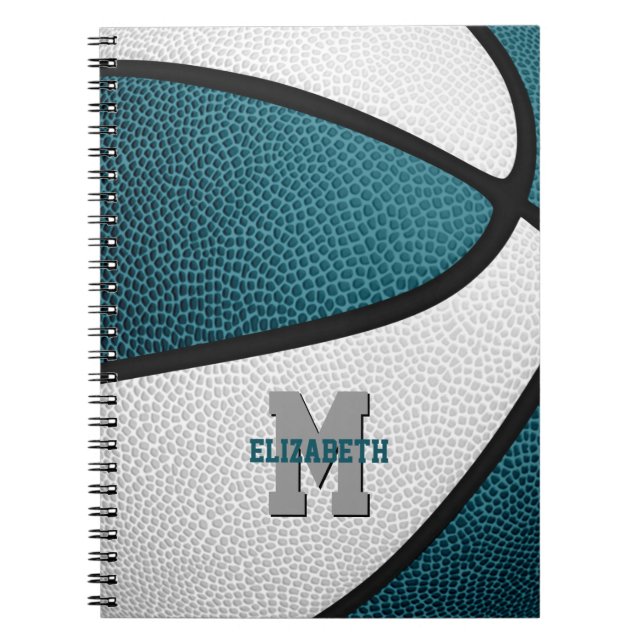 teal white team colours girls boys basketball notebook (Front)
