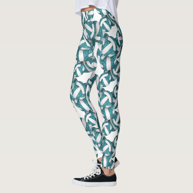 Teal white team colours girly volleyballs pattern leggings (Left)