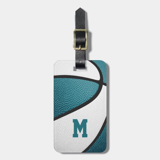 teal white team colours personalised basketball luggage tag (Front Vertical)