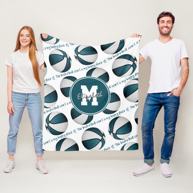 teal white The basketball court is my happy place Fleece Blanket (In Situ)