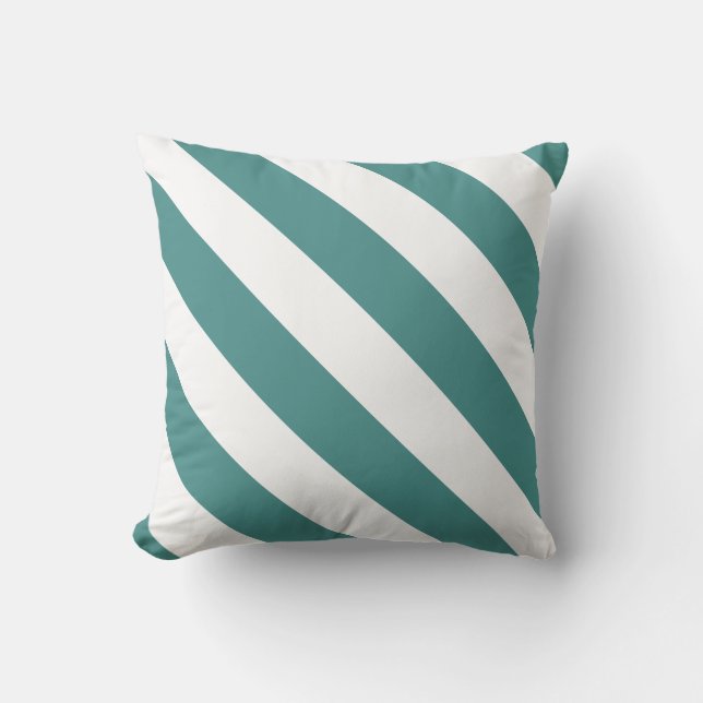 Teal & White Thick Diagonal Stripes Cushion (Front)