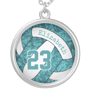 teal white volleyball girls' sports gifts silver plated necklace