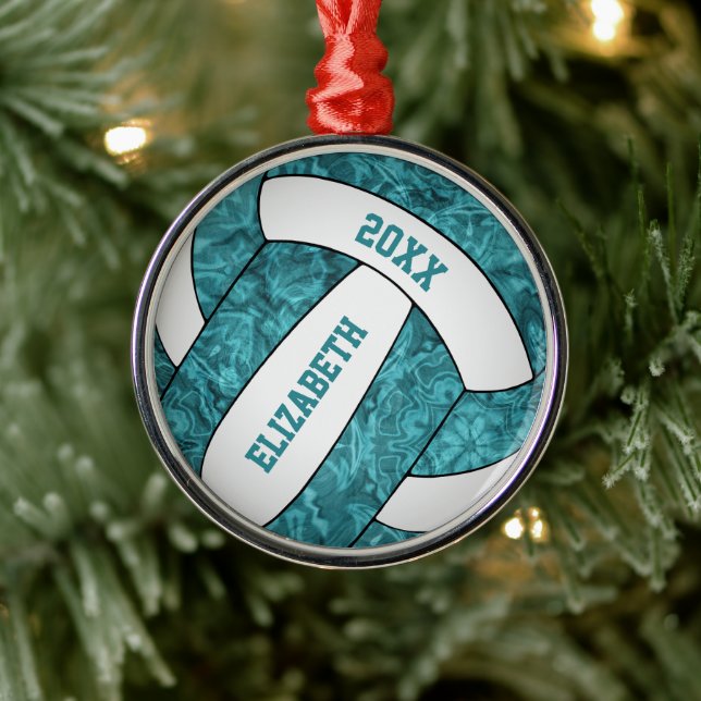 teal white volleyball girly sporty metal ornament (Tree)