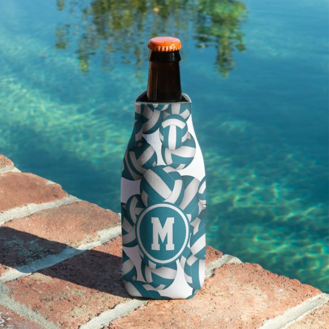 Teal white volleyballs pattern personalised  bottle cooler (In Situ Pool)