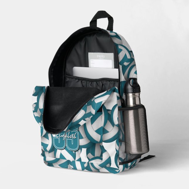 Teal white volleyballs pattern team colours  printed backpack (Back Corner Right (Open))