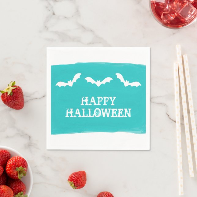 Teal White Watercolor Bats Halloween Napkin (Insitu)