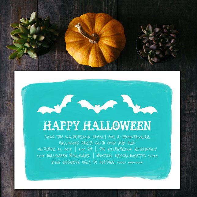 Teal White Watercolor Bats Halloween Party Invitation (Teal and White Watercolor Bats Halloween Party Invite)