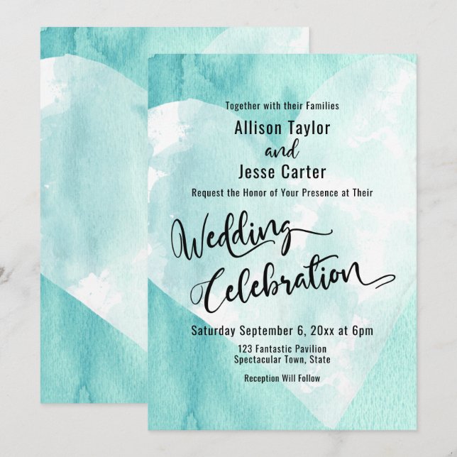 Teal White Watercolor Heart Wedding Celebration Invitation (Front/Back)