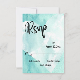 Teal White Watercolor Heart Wedding RSVP Card