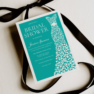 Teal White Wedding Dress Border Bridal Shower Invitation