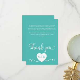 Teal White Wedding heart initials Thank you Card