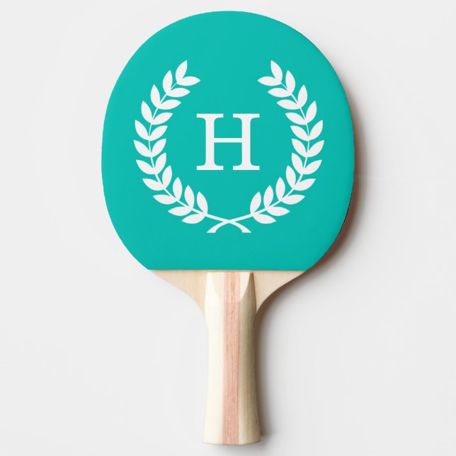 Teal White Wheat Laurel Wreath Initial Monogram Ping Pong Paddle (Front)