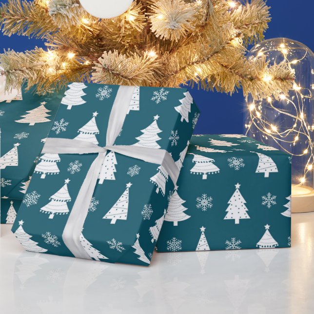 Teal White Winter Christmas Trees Wrapping Paper (Holidays)