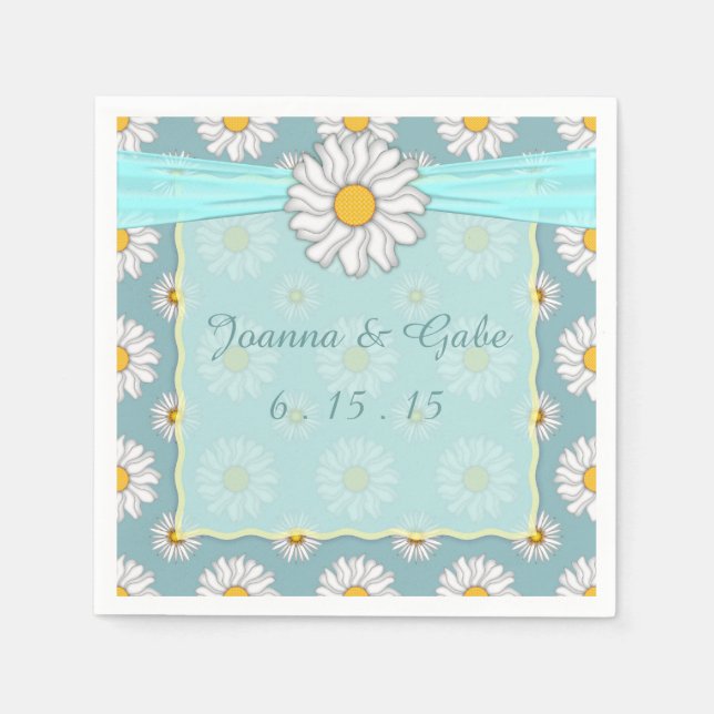 Teal White Yellow Daisy Floral Wedding Napkin (Front)