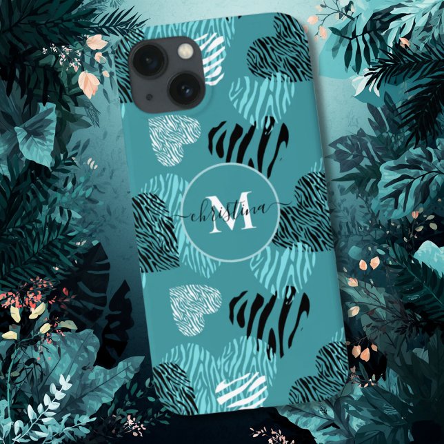 Teal White Zebra Print Hearts Monogram iPhone Case (Creator Uploaded)