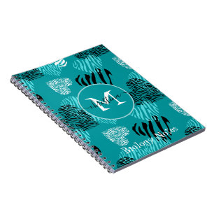 Teal White Zebra Print Hearts Monogram Notebook