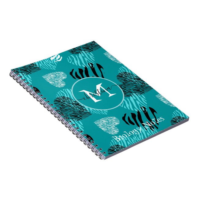 Teal White Zebra Print Hearts Monogram Notebook (Right Side)