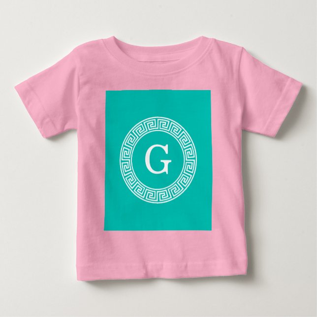 Teal Wht Greek Key Rnd Frame Initial Monogram Baby T-Shirt (Front)