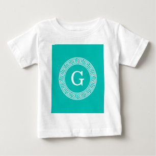 Teal Wht Greek Key Rnd Frame Initial Monogram Baby T-Shirt
