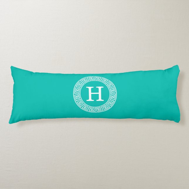 Teal Wht Greek Key Rnd Frame Initial Monogram Body Cushion (Front)
