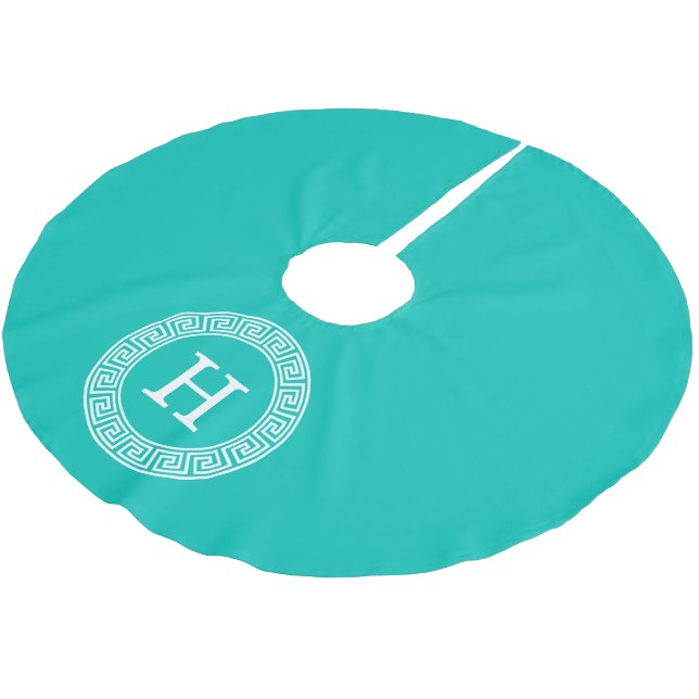 Teal Wht Greek Key Rnd Frame Initial Monogram Brushed Polyester Tree Skirt (Angled)