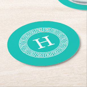 Teal Wht Greek Key Rnd Frame Initial Monogram Round Paper Coaster