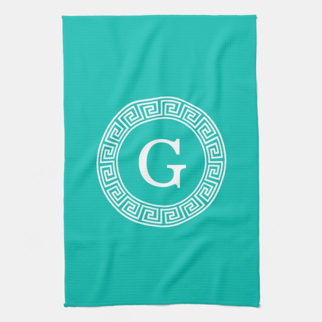 Teal Wht Greek Key Rnd Frame Initial Monogram Tea Towel (Vertical)
