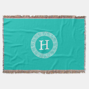 Teal Wht Greek Key Rnd Frame Initial Monogram Throw Blanket