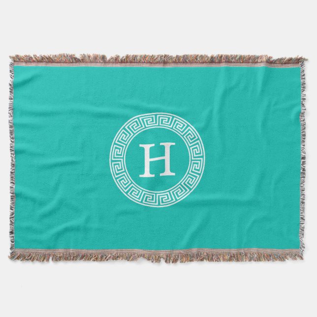 Teal Wht Greek Key Rnd Frame Initial Monogram Throw Blanket (Front)