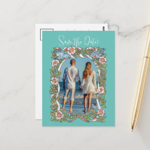 Teal Wildflower Bird Border Save the Date Photo Postcard