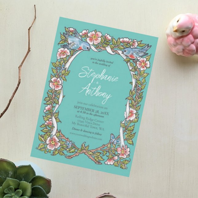 Teal Wildflower Bird Floral Border Boho Wedding Invitation (Creator Uploaded)