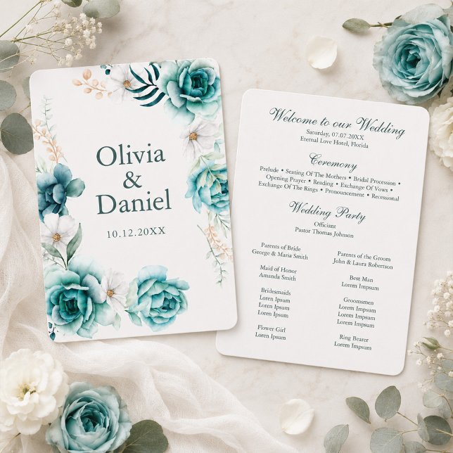 Teal Wildflower Botanical Wedding Program (Teal Wildflower Botanical Wedding Program)