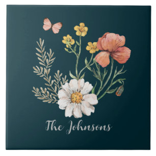 Teal Wildflower Ceramic Tile