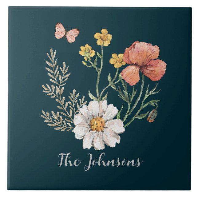 Teal Wildflower  Ceramic Tile (Front)